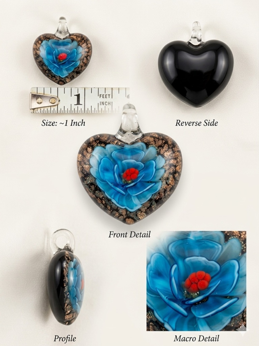 Artisan Glass Heart Pendant: Blue Implosion Rose